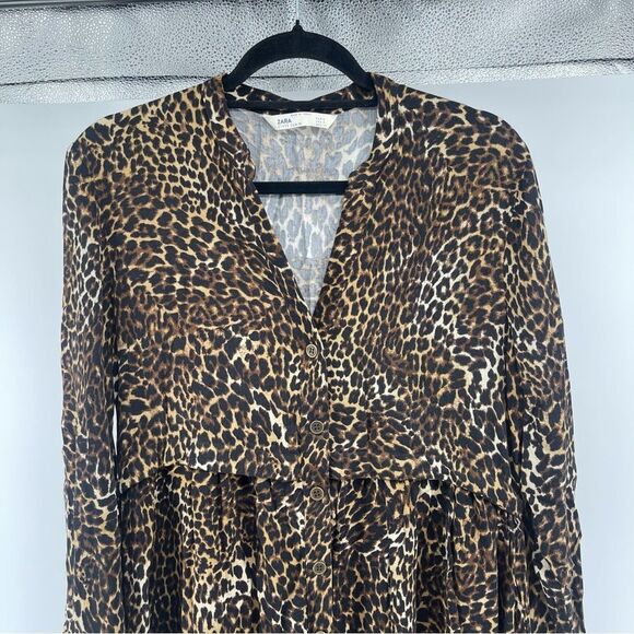 Zara Z1975 Leopard Print Babydoll Dress Women’s Small Button Front Long Sleeve - Picture 2 of 13